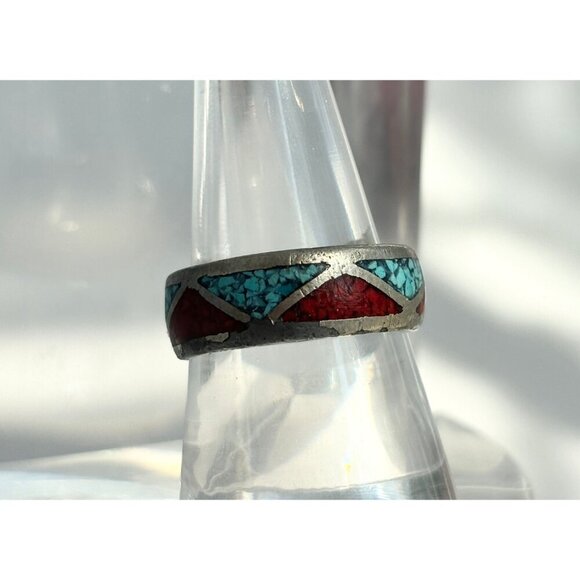 Vintage Turquoise & Red Stone Inlaid Geometric Navajo Style Band Ring - sz 9.25 - Picture 7 of 7